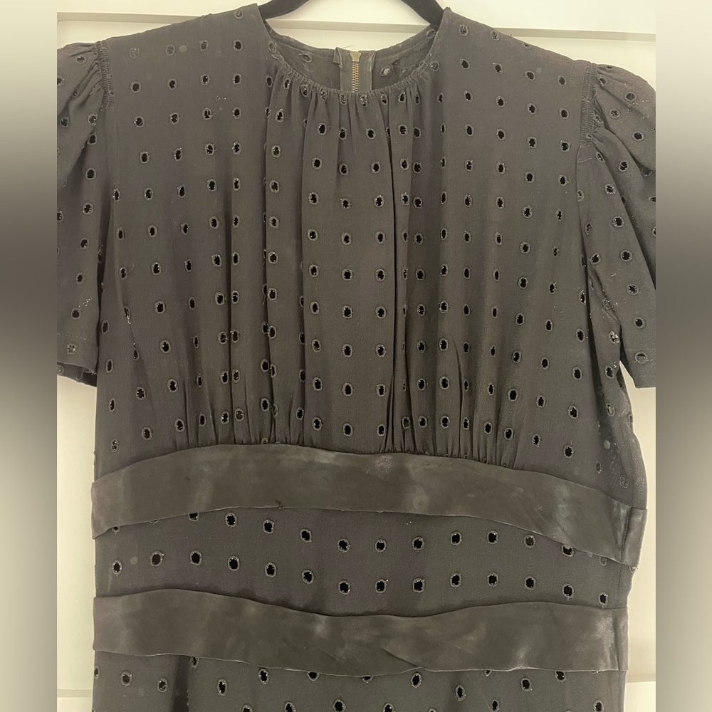 Late 1930s early 1940s true vintage black rayon eyelet dress puff sleeves